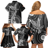 Fiji Rugby Personalised Bula Masi Family Matching Off Shoulder Short Dress and Hawaiian Shirt Fish Tail Kaivity Cibi - Black LT7 - Polynesian Pride