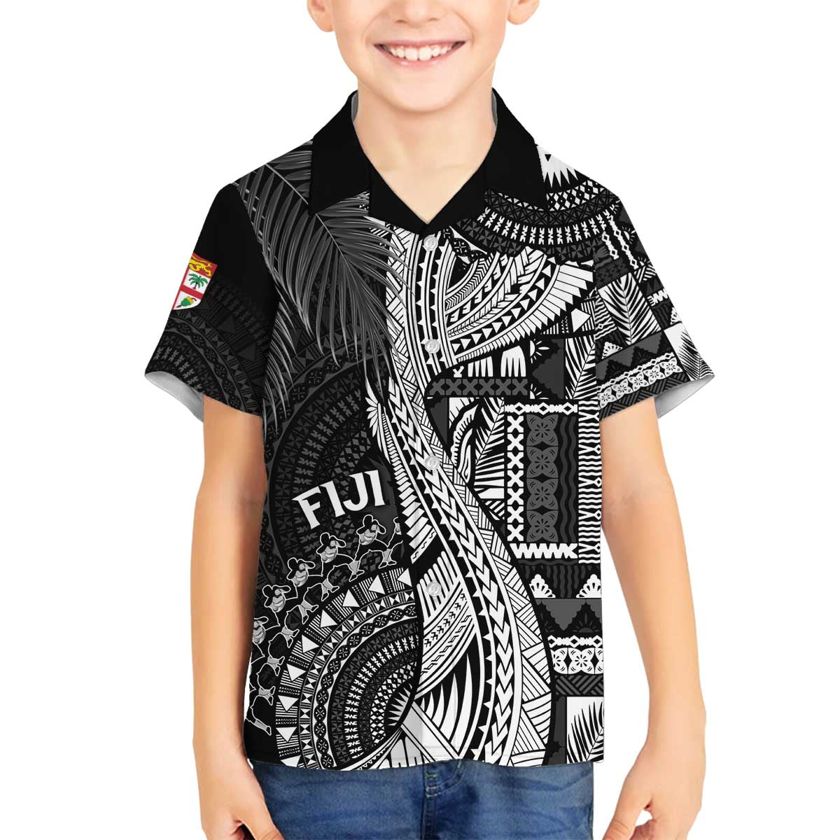 Fiji Rugby Personalised Bula Masi Family Matching Off Shoulder Short Dress and Hawaiian Shirt Fish Tail Kaivity Cibi - Black LT7 Son's Shirt Black - Polynesian Pride