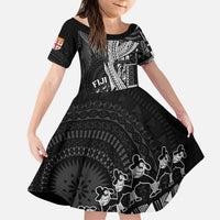 Fiji Rugby Personalised Bula Masi Family Matching Puletasi and Hawaiian Shirt Fish Tail Kaivity Cibi - Black LT7 Daughter's Dress Black - Polynesian Pride