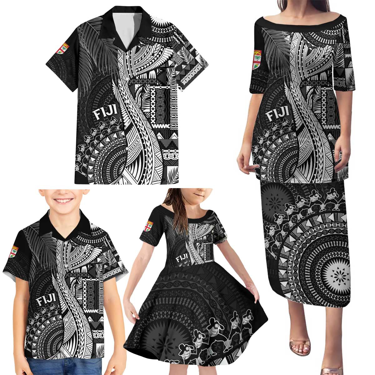 Fiji Rugby Personalised Bula Masi Family Matching Puletasi and Hawaiian Shirt Fish Tail Kaivity Cibi - Black LT7 - Polynesian Pride