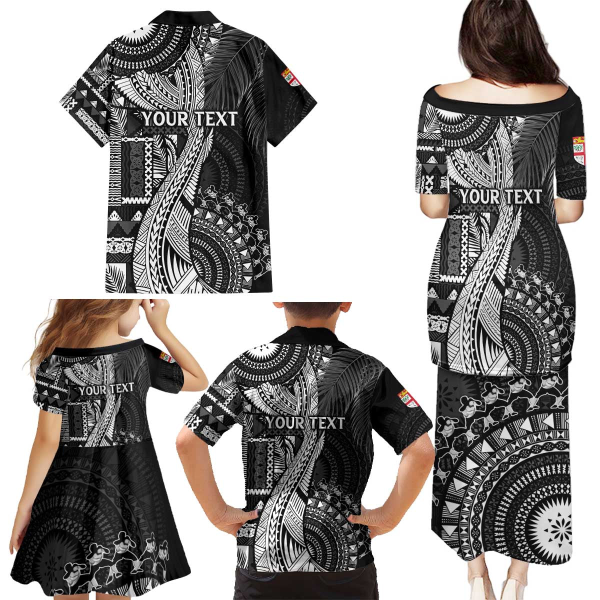 Fiji Rugby Personalised Bula Masi Family Matching Puletasi and Hawaiian Shirt Fish Tail Kaivity Cibi - Black LT7 - Polynesian Pride