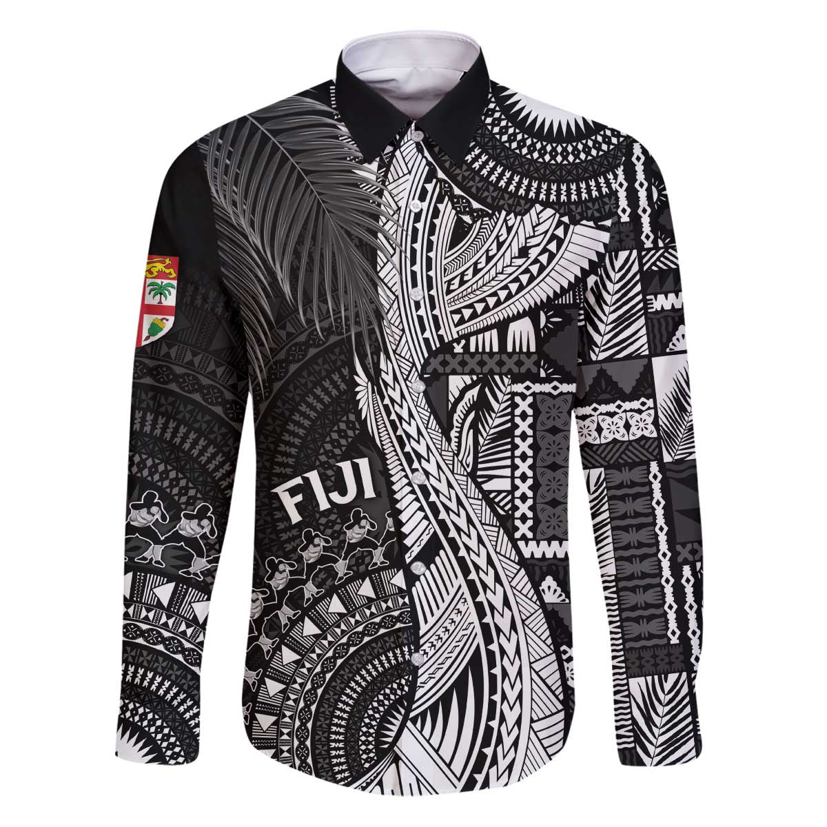 Fiji Rugby Personalised Bula Masi Family Matching Puletasi and Hawaiian Shirt Fish Tail Kaivity Cibi - Black LT7 Dad's Shirt - Long Sleeve Black - Polynesian Pride