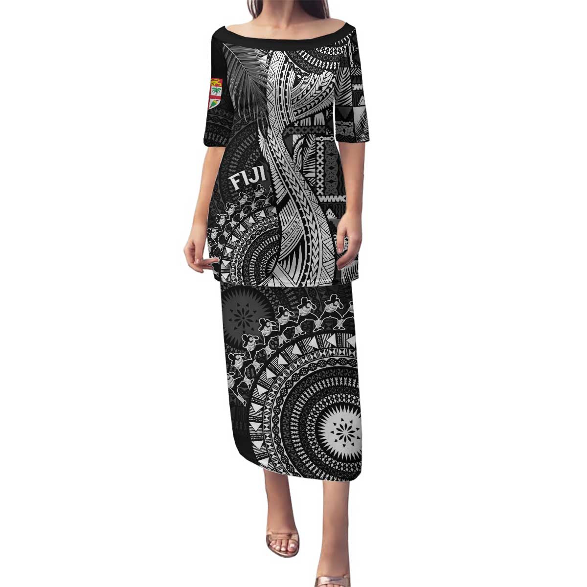 Fiji Rugby Personalised Bula Masi Family Matching Puletasi and Hawaiian Shirt Fish Tail Kaivity Cibi - Black LT7 Mom's Dress Black - Polynesian Pride