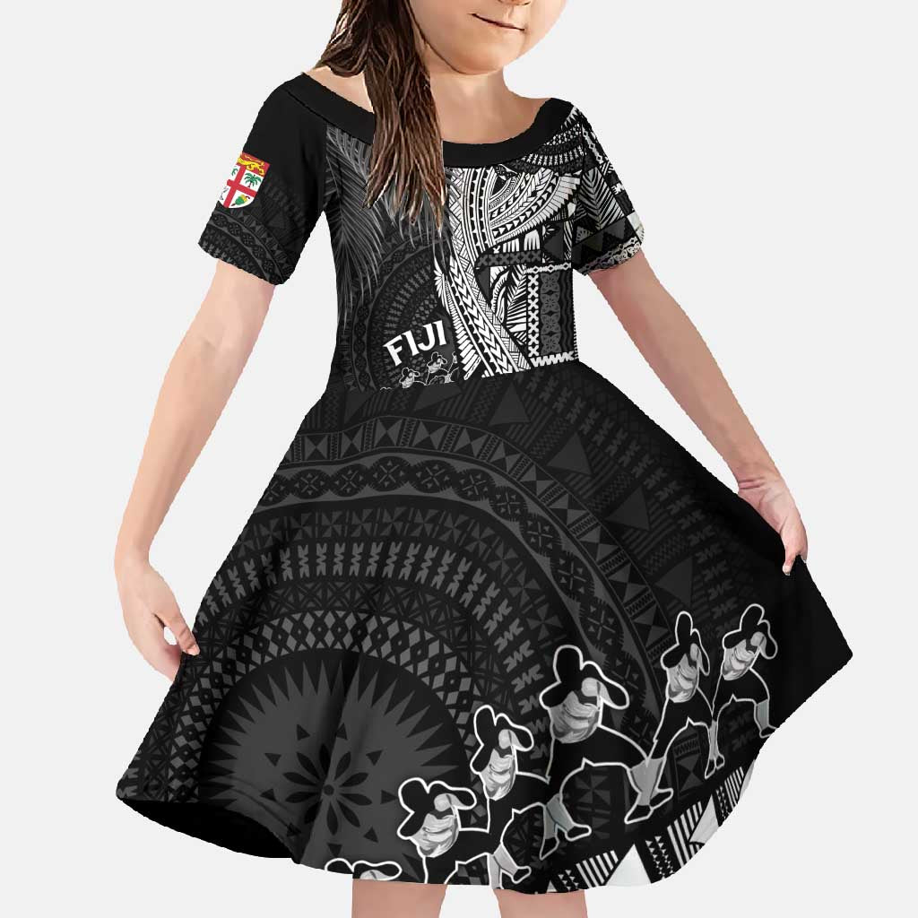 Fiji Rugby Personalised Bula Masi Family Matching Short Sleeve Bodycon Dress and Hawaiian Shirt Fish Tail Kaivity Cibi - Black LT7 Daughter's Dress Black - Polynesian Pride