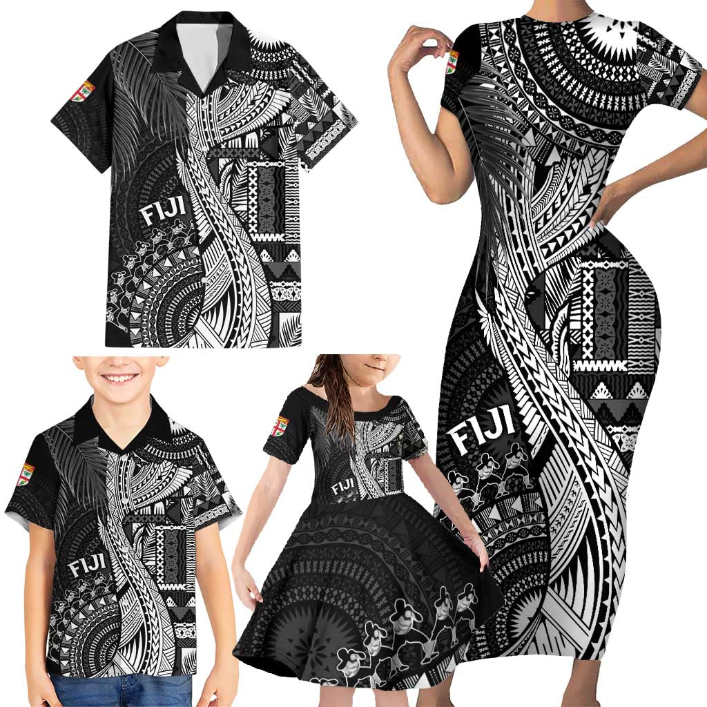 Fiji Rugby Personalised Bula Masi Family Matching Short Sleeve Bodycon Dress and Hawaiian Shirt Fish Tail Kaivity Cibi - Black LT7 - Polynesian Pride