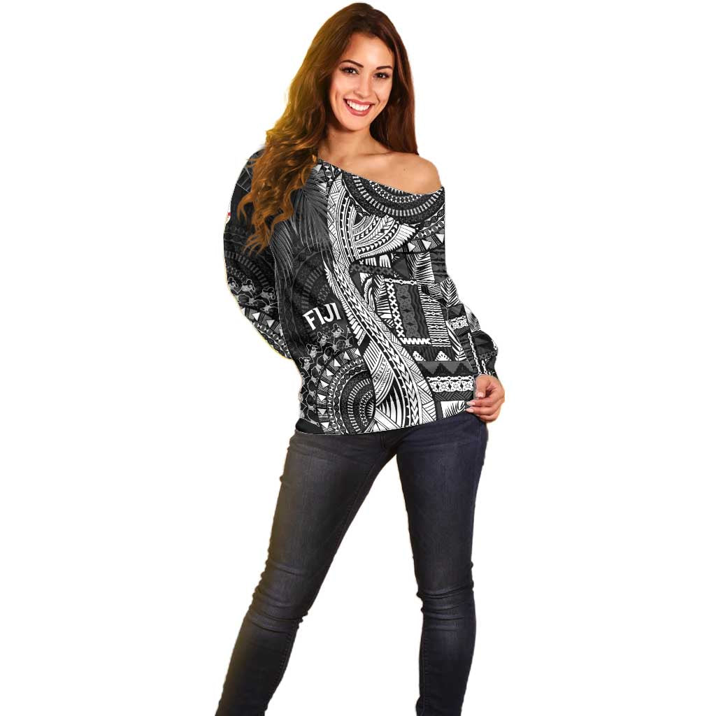 Fiji Rugby Personalised Bula Masi Off Shoulder Sweater Fish Tail Kaivity Cibi - Black