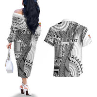Fiji Rugby Personalised Bula Masi Couples Matching Off The Shoulder Long Sleeve Dress and Hawaiian Shirt Fish Tail Kaivity Cibi - White LT7 - Polynesian Pride
