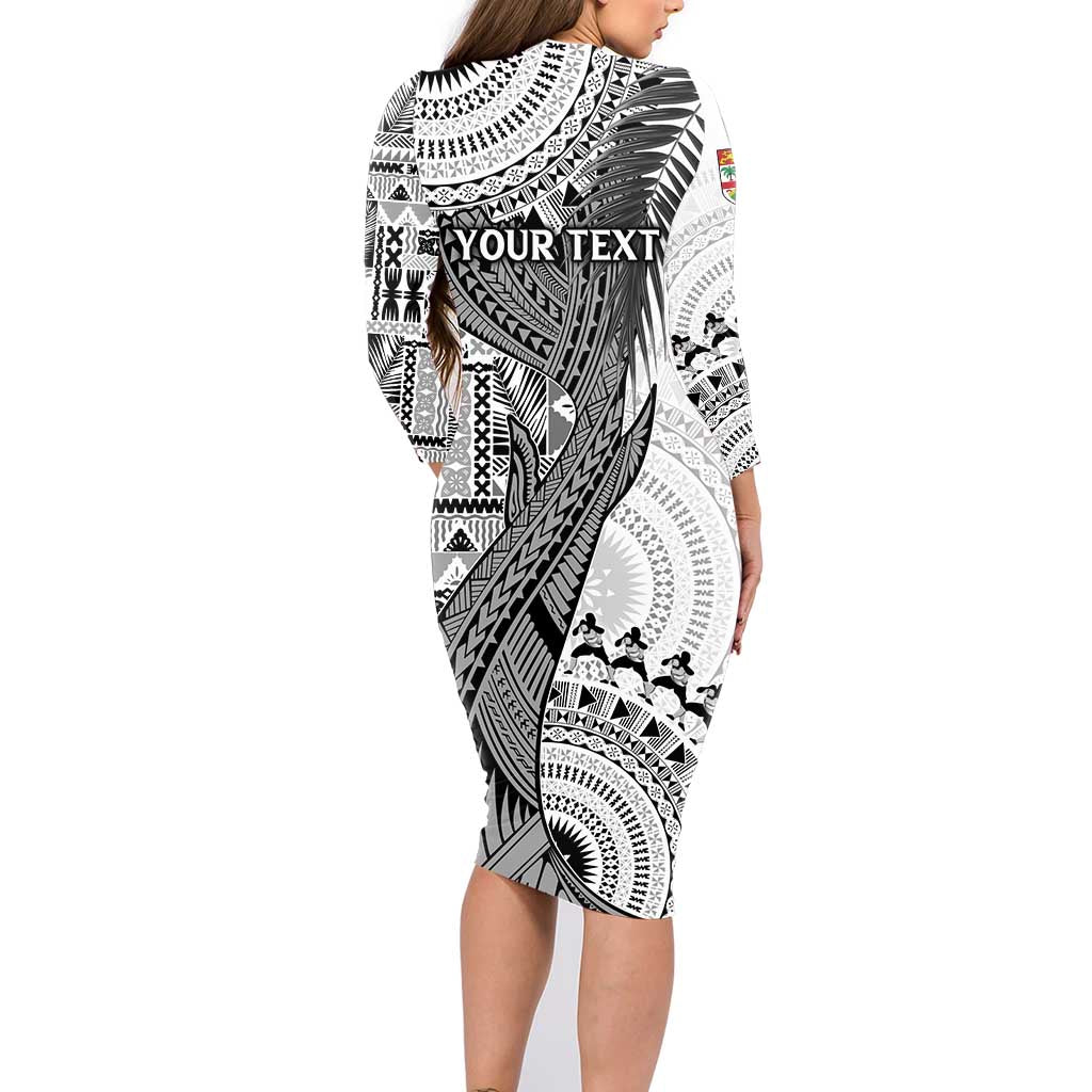 Fiji Rugby Personalised Bula Masi Family Matching Long Sleeve Bodycon Dress and Hawaiian Shirt Fish Tail Kaivity Cibi - White LT7 - Polynesian Pride