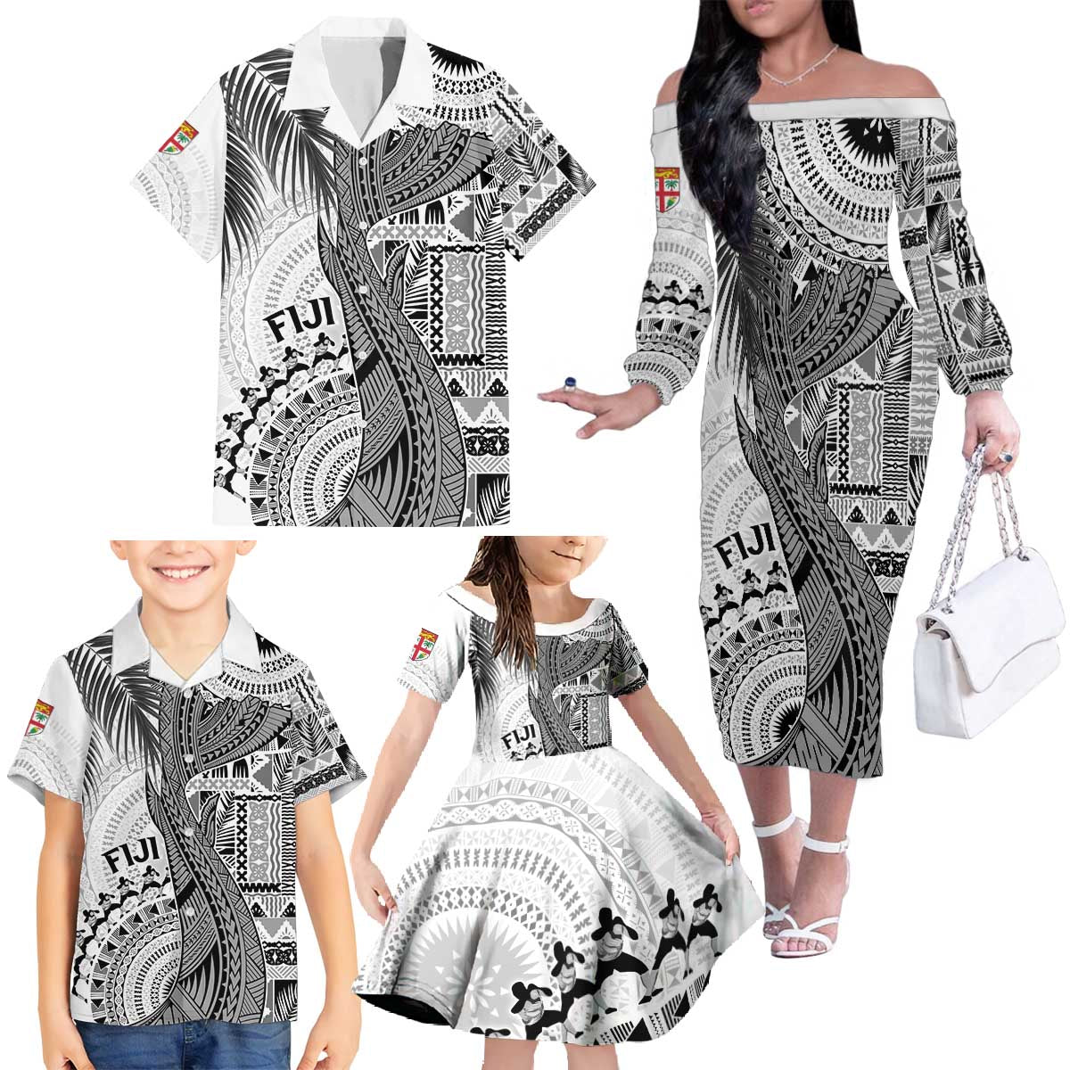 Fiji Rugby Personalised Bula Masi Family Matching Off The Shoulder Long Sleeve Dress and Hawaiian Shirt Fish Tail Kaivity Cibi - White LT7 - Polynesian Pride
