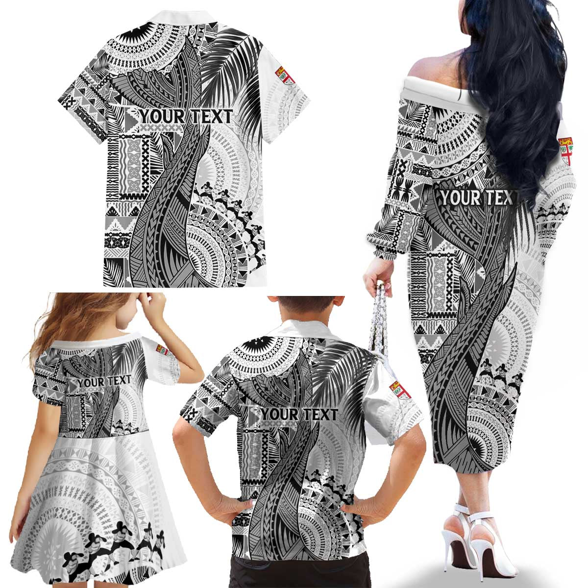 Fiji Rugby Personalised Bula Masi Family Matching Off The Shoulder Long Sleeve Dress and Hawaiian Shirt Fish Tail Kaivity Cibi - White LT7 - Polynesian Pride