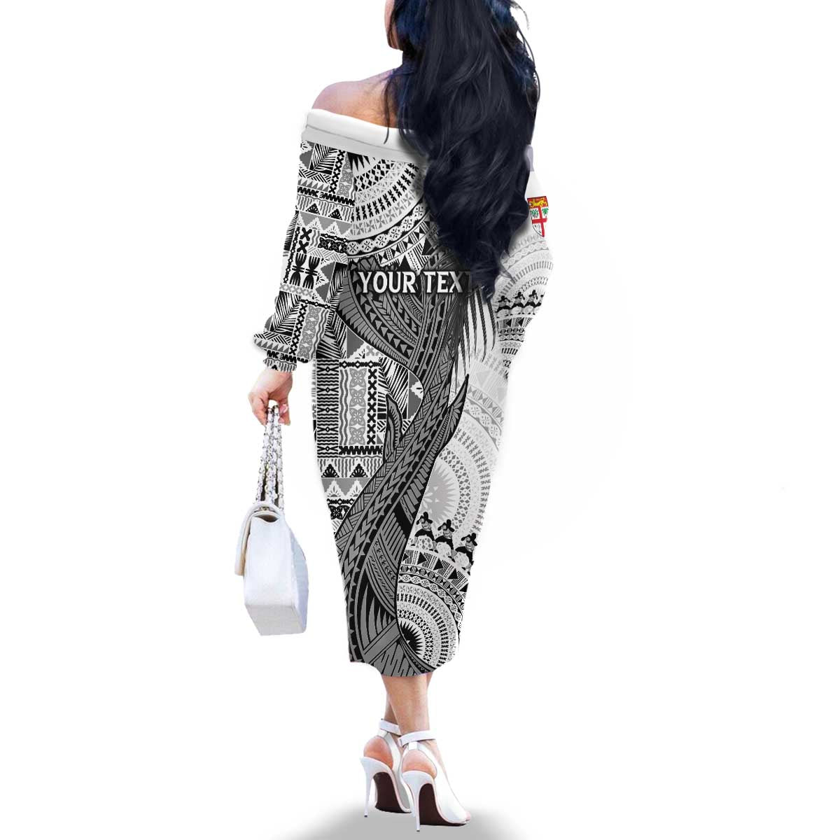 Fiji Rugby Personalised Bula Masi Family Matching Off The Shoulder Long Sleeve Dress and Hawaiian Shirt Fish Tail Kaivity Cibi - White LT7 - Polynesian Pride