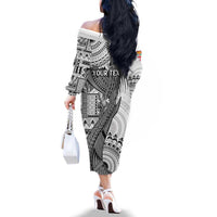 Fiji Rugby Personalised Bula Masi Family Matching Off The Shoulder Long Sleeve Dress and Hawaiian Shirt Fish Tail Kaivity Cibi - White LT7 - Polynesian Pride