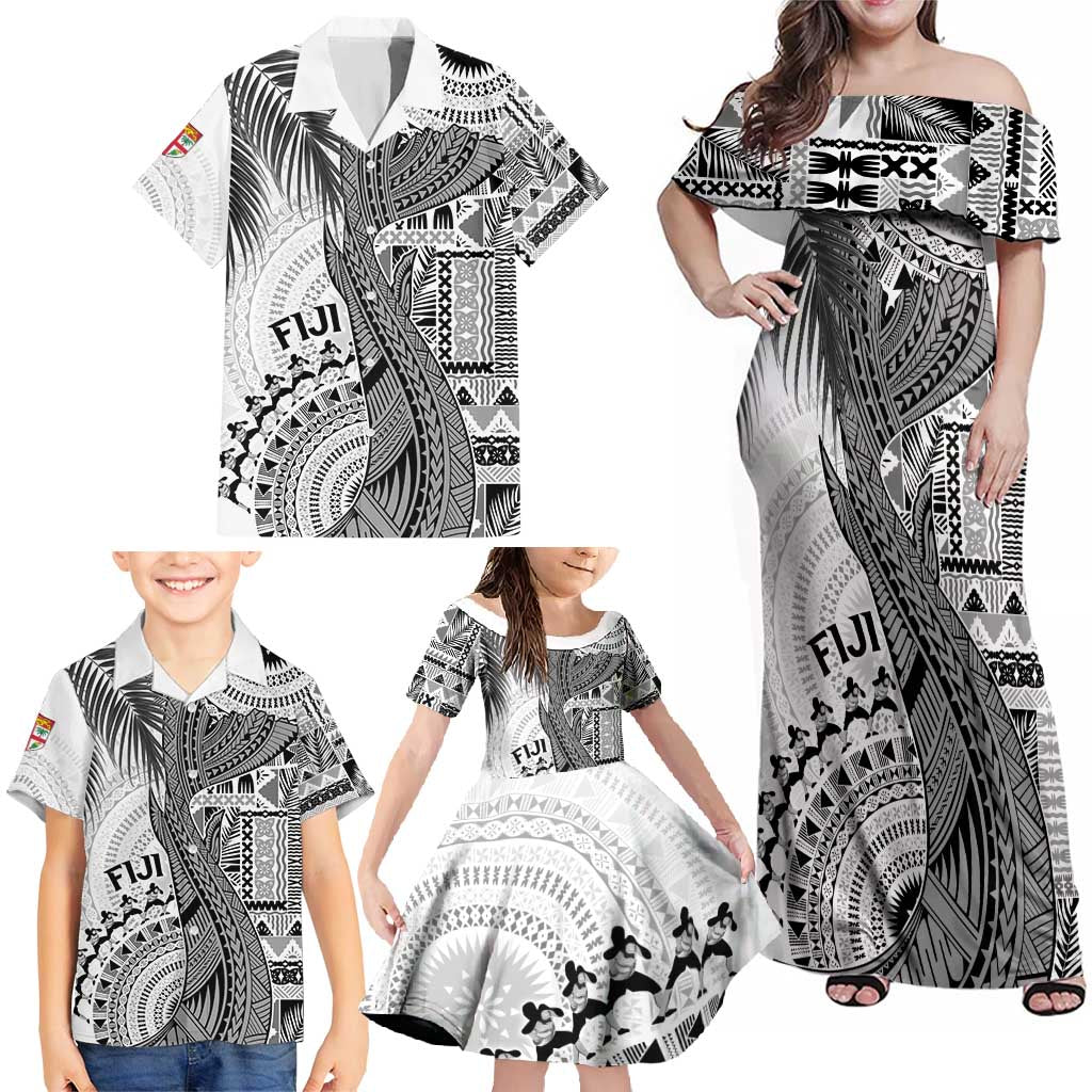Fiji Rugby Personalised Bula Masi Family Matching Off Shoulder Maxi Dress and Hawaiian Shirt Fish Tail Kaivity Cibi - White LT7 - Polynesian Pride