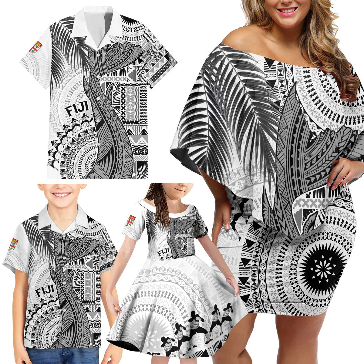 Fiji Rugby Personalised Bula Masi Family Matching Off Shoulder Short Dress and Hawaiian Shirt Fish Tail Kaivity Cibi - White LT7 - Polynesian Pride