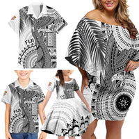Fiji Rugby Personalised Bula Masi Family Matching Off Shoulder Short Dress and Hawaiian Shirt Fish Tail Kaivity Cibi - White LT7 - Polynesian Pride
