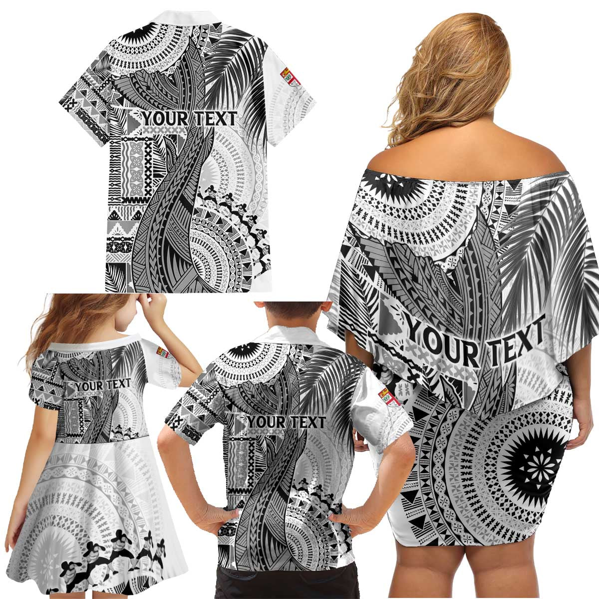 Fiji Rugby Personalised Bula Masi Family Matching Off Shoulder Short Dress and Hawaiian Shirt Fish Tail Kaivity Cibi - White LT7 - Polynesian Pride
