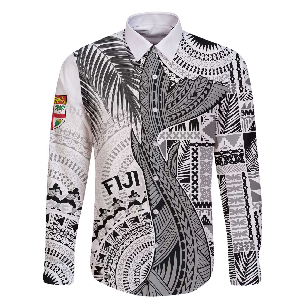 Fiji Rugby Personalised Bula Masi Family Matching Off Shoulder Short Dress and Hawaiian Shirt Fish Tail Kaivity Cibi - White LT7 Dad's Shirt - Long Sleeve White - Polynesian Pride