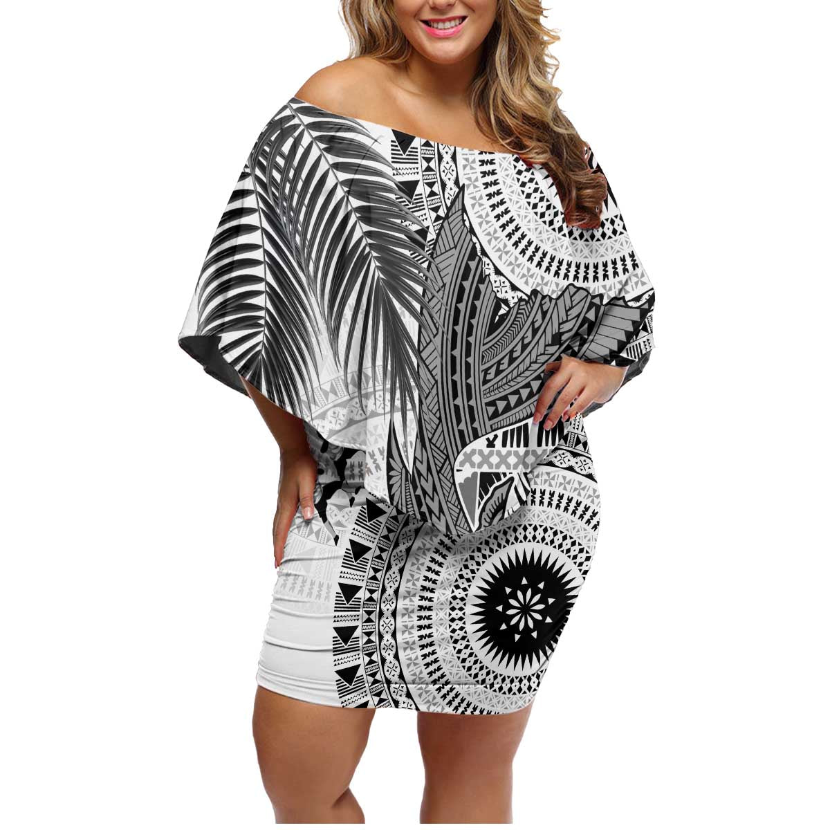Fiji Rugby Personalised Bula Masi Family Matching Off Shoulder Short Dress and Hawaiian Shirt Fish Tail Kaivity Cibi - White LT7 Mom's Dress White - Polynesian Pride