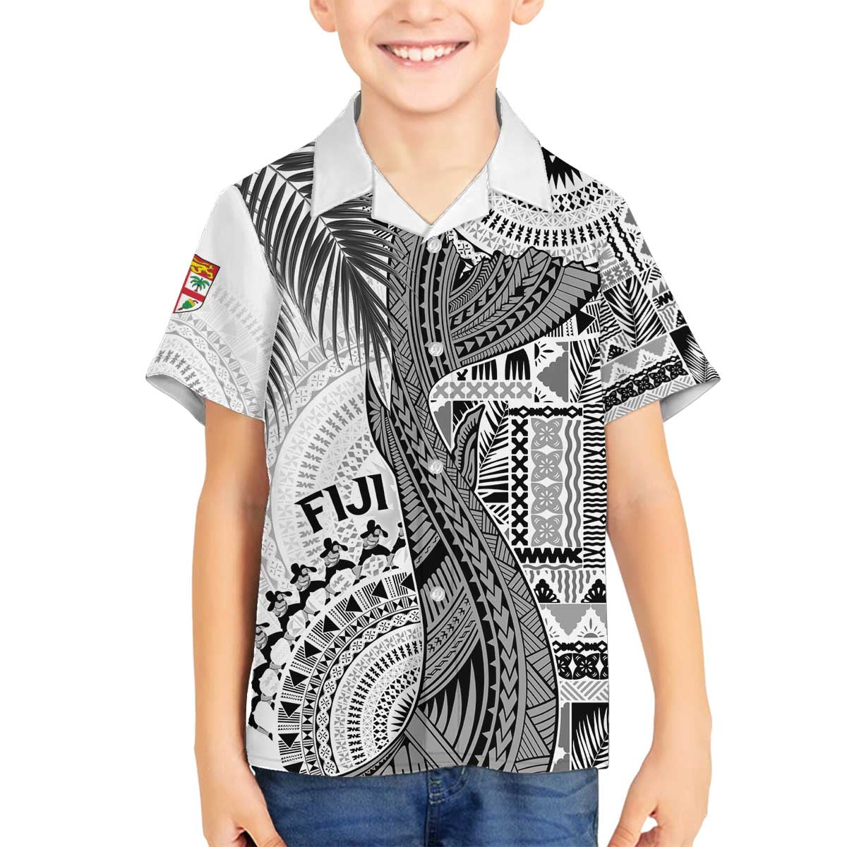 Fiji Rugby Personalised Bula Masi Family Matching Off Shoulder Short Dress and Hawaiian Shirt Fish Tail Kaivity Cibi - White LT7 Son's Shirt White - Polynesian Pride
