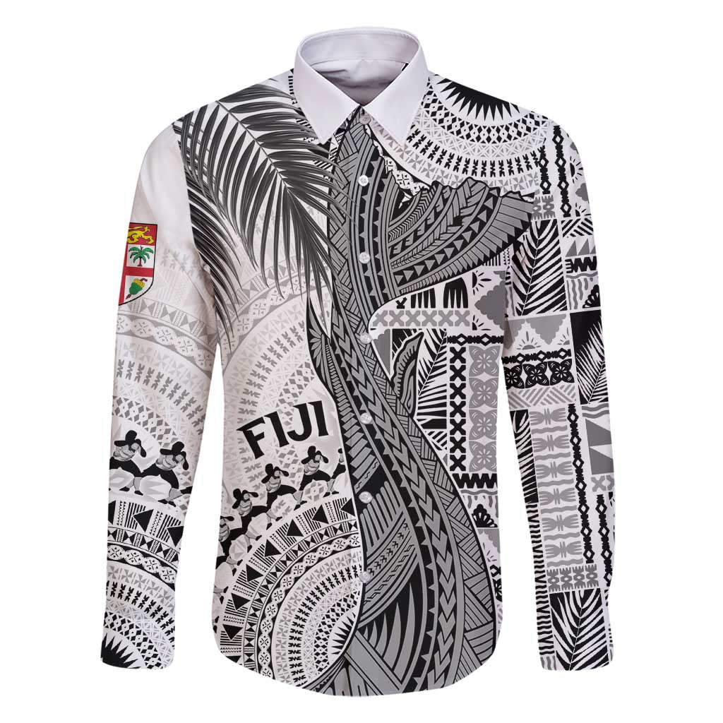 Fiji Rugby Personalised Bula Masi Family Matching Summer Maxi Dress and Hawaiian Shirt Fish Tail Kaivity Cibi - White LT7 Dad's Shirt - Long Sleeve White - Polynesian Pride