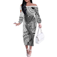 Fiji Rugby Personalised Bula Masi Off The Shoulder Long Sleeve Dress Fish Tail Kaivity Cibi - White LT7 Women White - Polynesian Pride