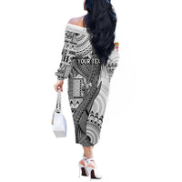 Fiji Rugby Personalised Bula Masi Off The Shoulder Long Sleeve Dress Fish Tail Kaivity Cibi - White LT7 - Polynesian Pride