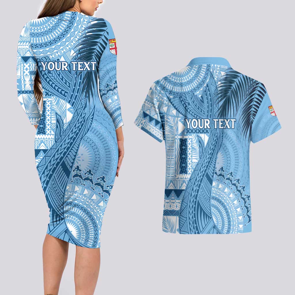 Fiji Rugby Personalised Bula Masi Couples Matching Long Sleeve Bodycon Dress and Hawaiian Shirt Fish Tail Kaivity Cibi - Turquoise LT7 - Polynesian Pride