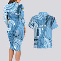 Fiji Rugby Personalised Bula Masi Couples Matching Long Sleeve Bodycon Dress and Hawaiian Shirt Fish Tail Kaivity Cibi - Turquoise LT7 - Polynesian Pride