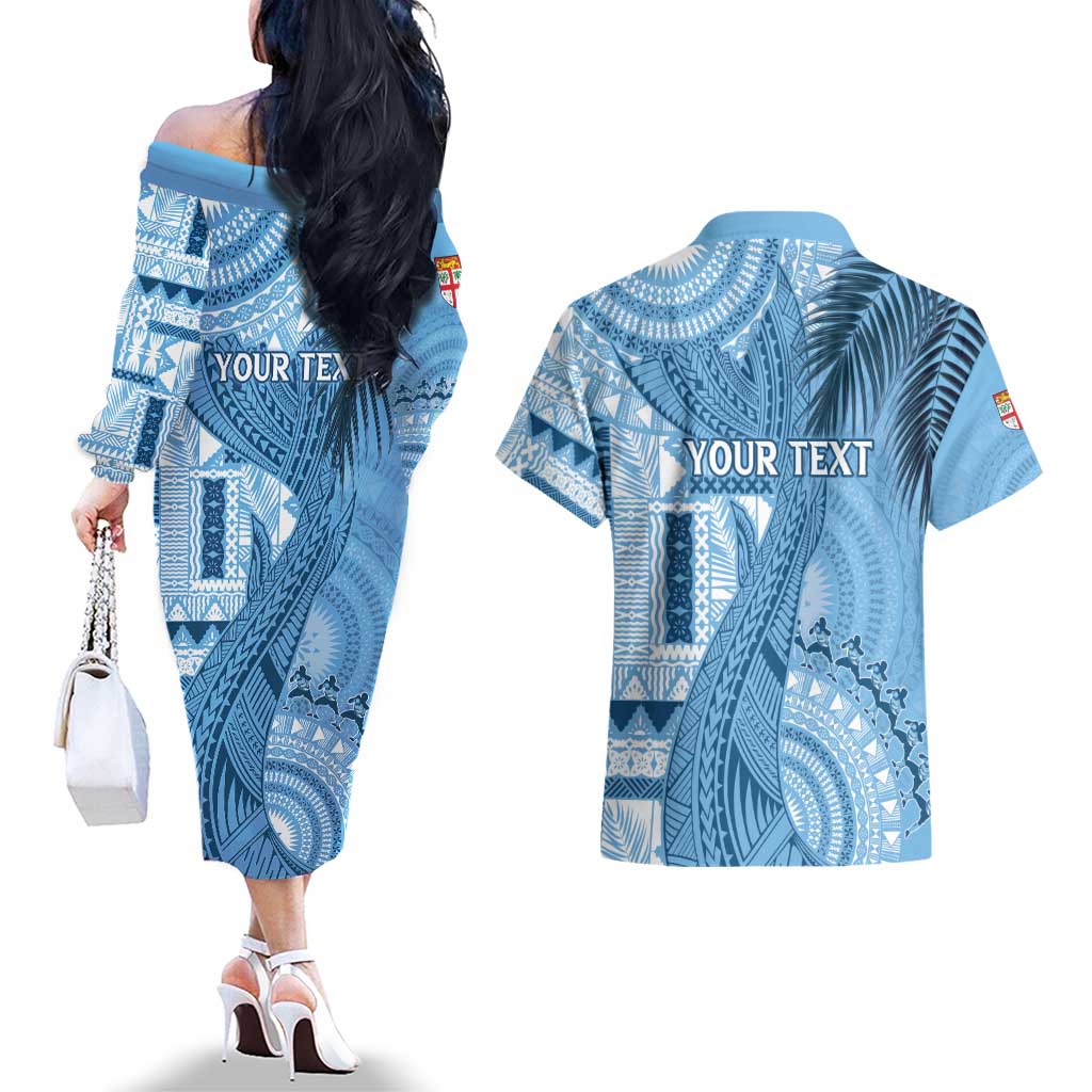 Fiji Rugby Personalised Bula Masi Couples Matching Off The Shoulder Long Sleeve Dress and Hawaiian Shirt Fish Tail Kaivity Cibi - Turquoise LT7 - Polynesian Pride