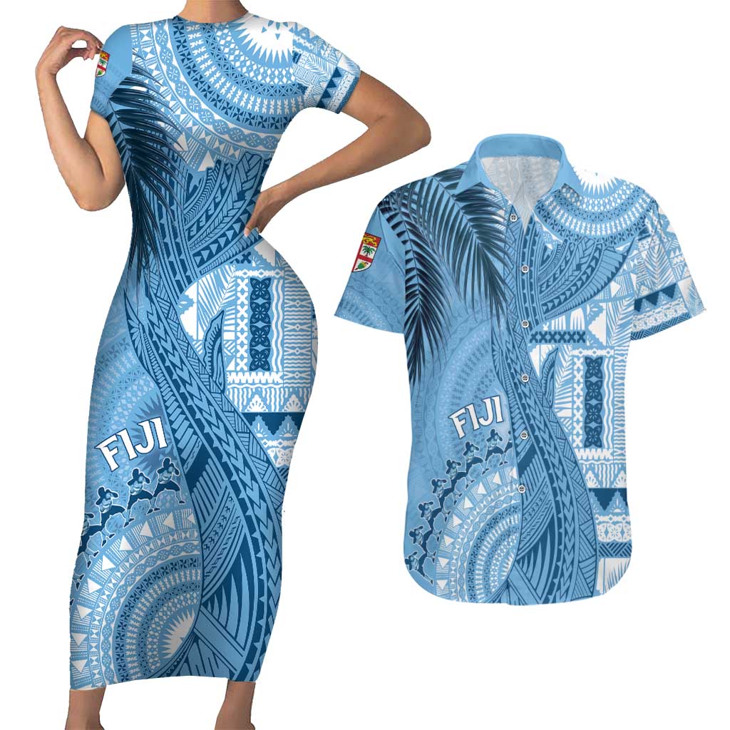 Fiji Rugby Personalised Bula Masi Couples Matching Short Sleeve Bodycon Dress and Hawaiian Shirt Fish Tail Kaivity Cibi - Turquoise LT7 Turquoise - Polynesian Pride