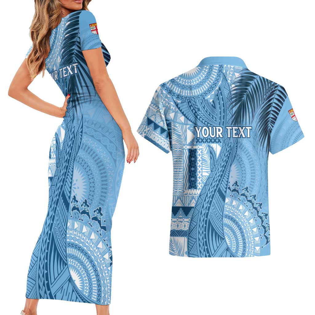 Fiji Rugby Personalised Bula Masi Couples Matching Short Sleeve Bodycon Dress and Hawaiian Shirt Fish Tail Kaivity Cibi - Turquoise LT7 - Polynesian Pride