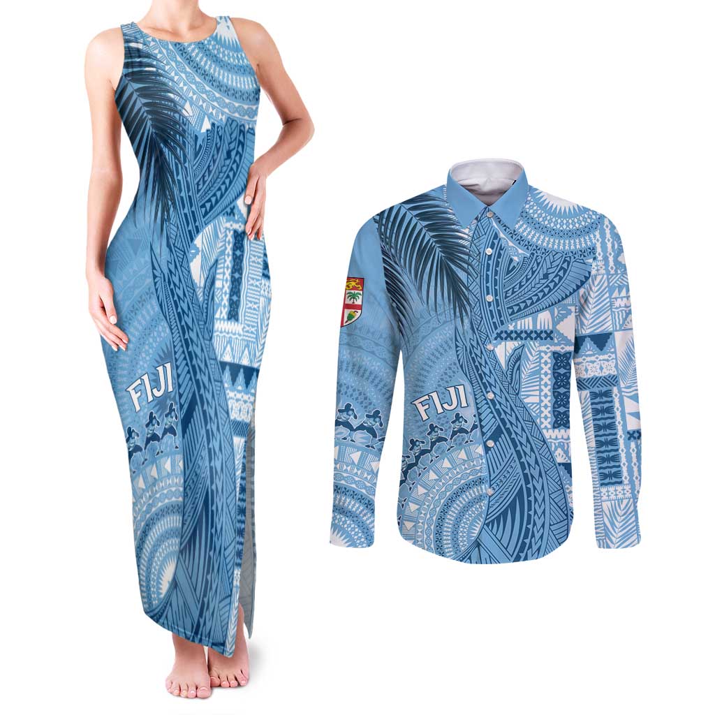Fiji Rugby Personalised Bula Masi Couples Matching Tank Maxi Dress and Long Sleeve Button Shirt Fish Tail Kaivity Cibi - Turquoise LT7 Turquoise - Polynesian Pride