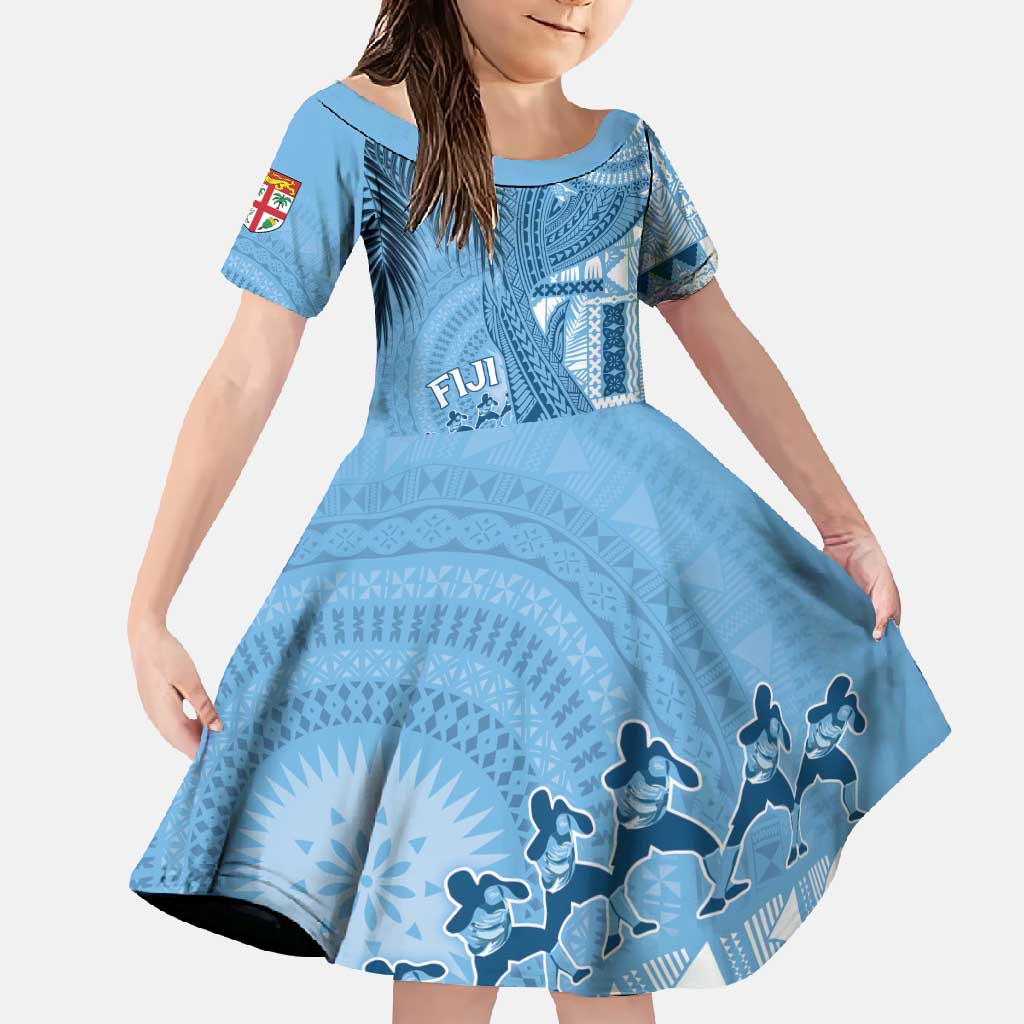 Fiji Rugby Personalised Bula Masi Family Matching Long Sleeve Bodycon Dress and Hawaiian Shirt Fish Tail Kaivity Cibi - Turquoise LT7 Daughter's Dress Turquoise - Polynesian Pride