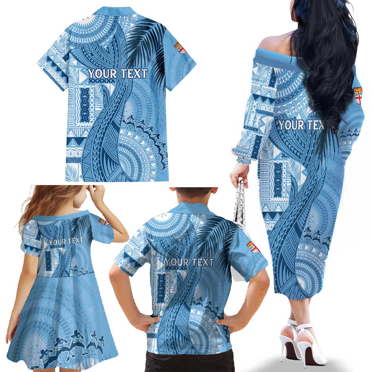 Fiji Rugby Personalised Bula Masi Family Matching Off The Shoulder Long Sleeve Dress and Hawaiian Shirt Fish Tail Kaivity Cibi - Turquoise LT7 - Polynesian Pride