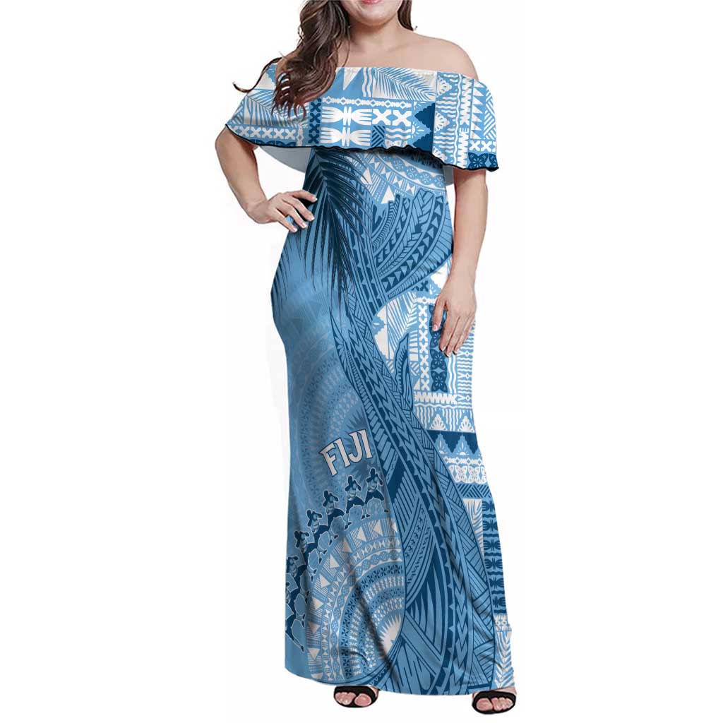 Fiji Rugby Personalised Bula Masi Family Matching Off Shoulder Maxi Dress and Hawaiian Shirt Fish Tail Kaivity Cibi - Turquoise LT7 Mom's Dress Turquoise - Polynesian Pride
