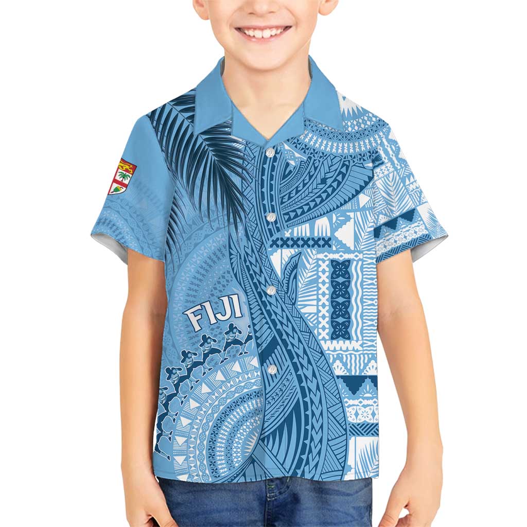Fiji Rugby Personalised Bula Masi Family Matching Off Shoulder Maxi Dress and Hawaiian Shirt Fish Tail Kaivity Cibi - Turquoise LT7 Son's Shirt Turquoise - Polynesian Pride