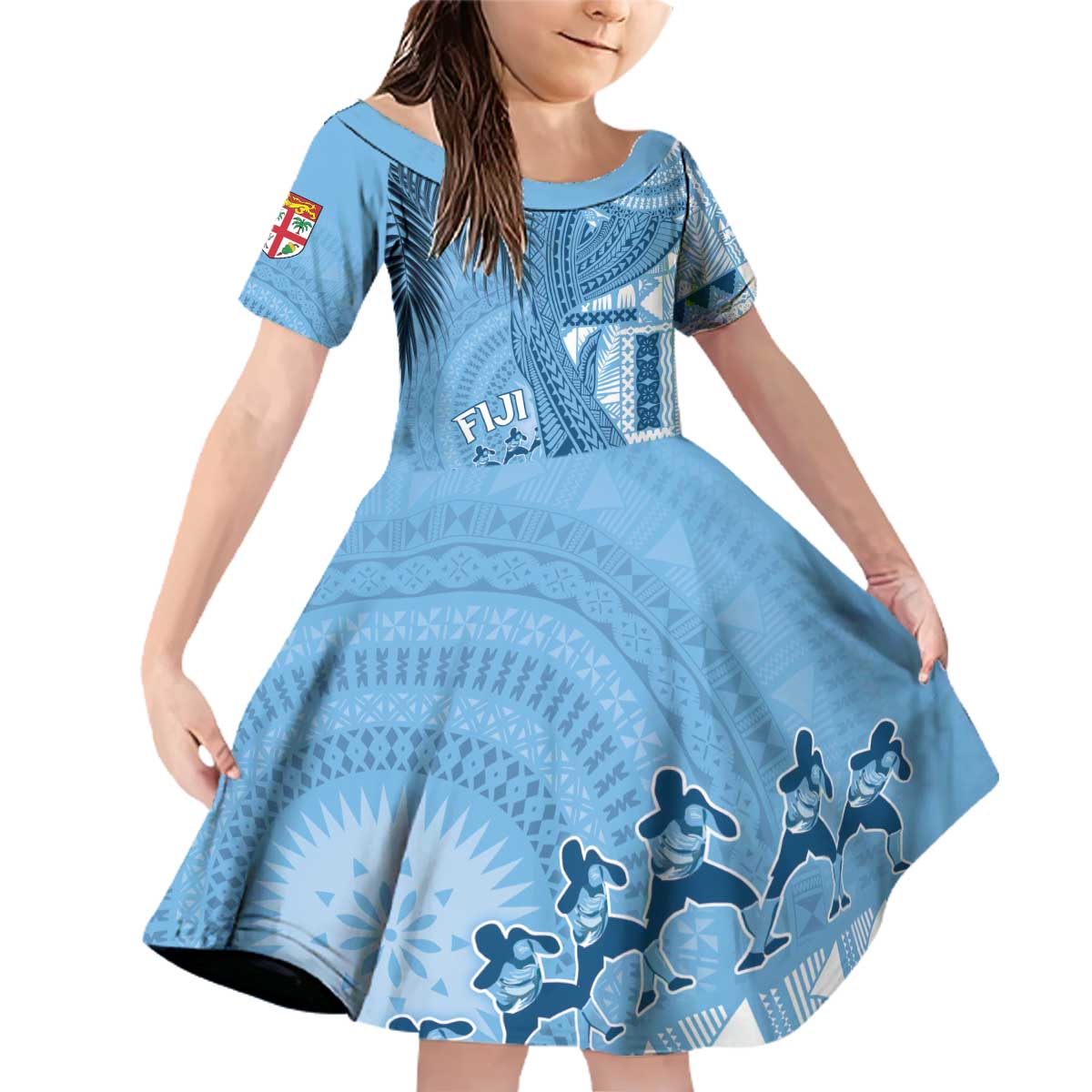 Fiji Rugby Personalised Bula Masi Family Matching Off Shoulder Short Dress and Hawaiian Shirt Fish Tail Kaivity Cibi - Turquoise LT7 Daughter's Dress Turquoise - Polynesian Pride