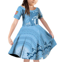 Fiji Rugby Personalised Bula Masi Family Matching Off Shoulder Short Dress and Hawaiian Shirt Fish Tail Kaivity Cibi - Turquoise LT7 Daughter's Dress Turquoise - Polynesian Pride