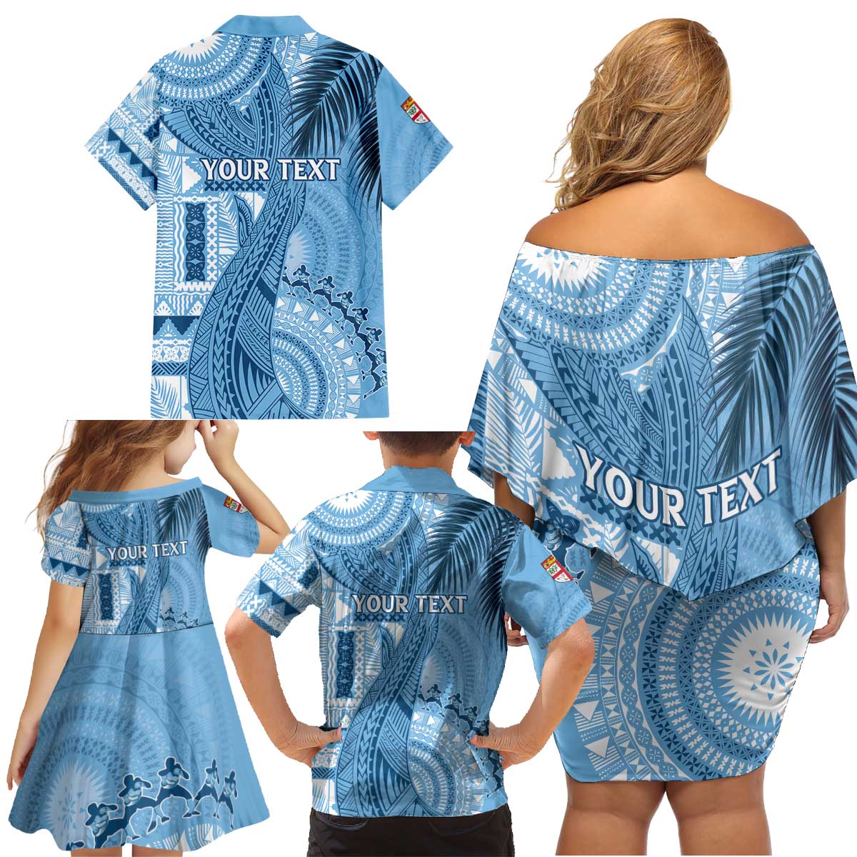 Fiji Rugby Personalised Bula Masi Family Matching Off Shoulder Short Dress and Hawaiian Shirt Fish Tail Kaivity Cibi - Turquoise LT7 - Polynesian Pride