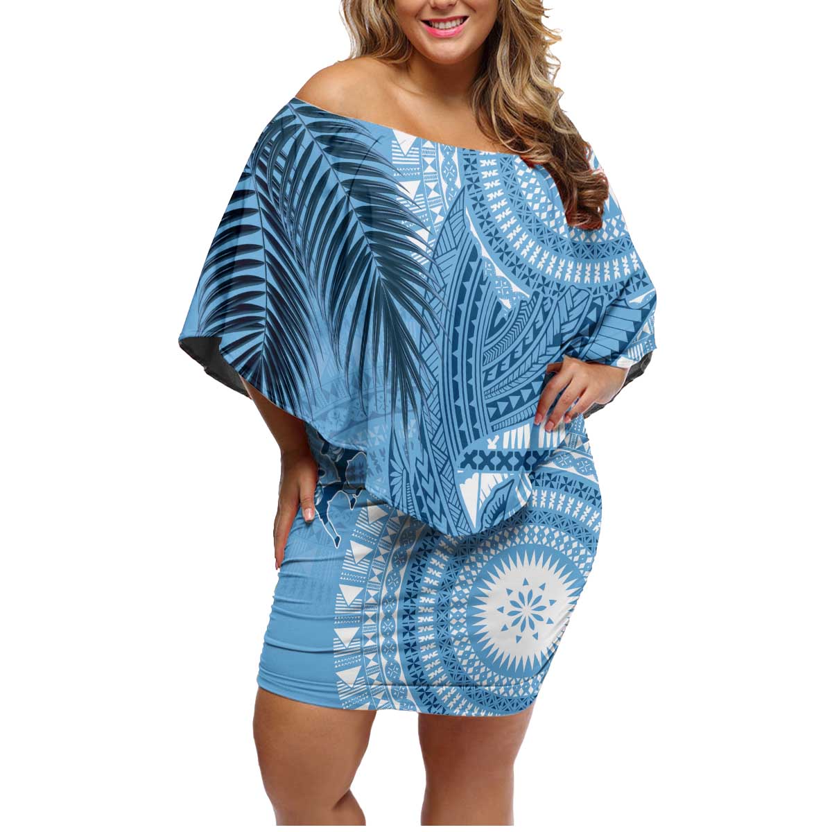 Fiji Rugby Personalised Bula Masi Family Matching Off Shoulder Short Dress and Hawaiian Shirt Fish Tail Kaivity Cibi - Turquoise LT7 Mom's Dress Turquoise - Polynesian Pride