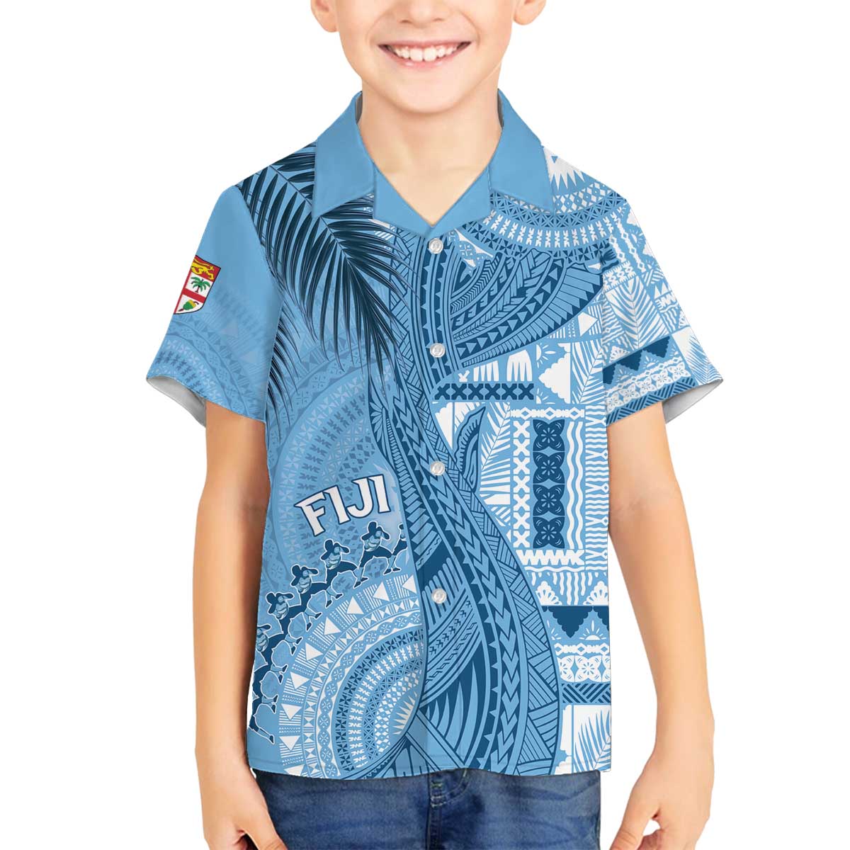 Fiji Rugby Personalised Bula Masi Family Matching Off Shoulder Short Dress and Hawaiian Shirt Fish Tail Kaivity Cibi - Turquoise LT7 Son's Shirt Turquoise - Polynesian Pride