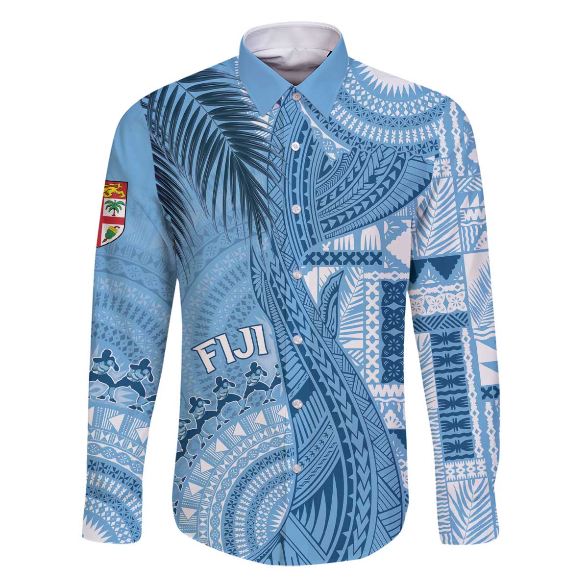 Fiji Rugby Personalised Bula Masi Family Matching Puletasi and Hawaiian Shirt Fish Tail Kaivity Cibi - Turquoise LT7 Dad's Shirt - Long Sleeve Turquoise - Polynesian Pride