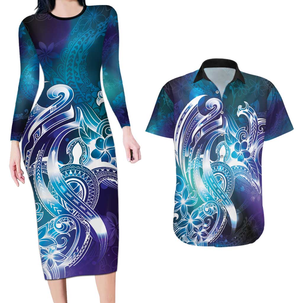 Aloha Hawaii Turtle Couples Matching Long Sleeve Bodycon Dress and Hawaiian Shirt Teal Purple Ribbon LT7 Purple Teal - Polynesian Pride