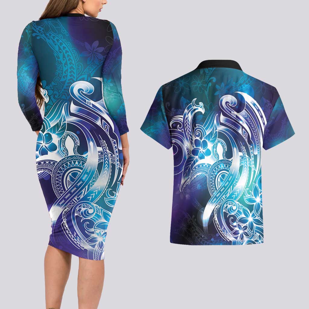 Aloha Hawaii Turtle Couples Matching Long Sleeve Bodycon Dress and Hawaiian Shirt Teal Purple Ribbon LT7 - Polynesian Pride