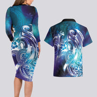 Aloha Hawaii Turtle Couples Matching Long Sleeve Bodycon Dress and Hawaiian Shirt Teal Purple Ribbon LT7 - Polynesian Pride