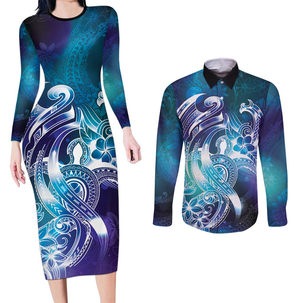 Aloha Hawaii Turtle Couples Matching Long Sleeve Bodycon Dress and Long Sleeve Button Shirt Teal Purple Ribbon LT7 Purple Teal - Polynesian Pride