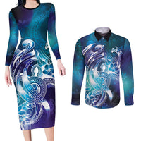 Aloha Hawaii Turtle Couples Matching Long Sleeve Bodycon Dress and Long Sleeve Button Shirt Teal Purple Ribbon LT7 Purple Teal - Polynesian Pride