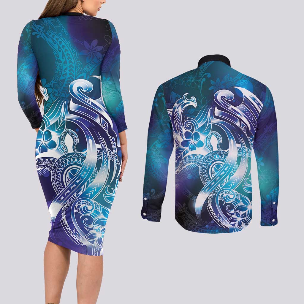 Aloha Hawaii Turtle Couples Matching Long Sleeve Bodycon Dress and Long Sleeve Button Shirt Teal Purple Ribbon LT7 - Polynesian Pride