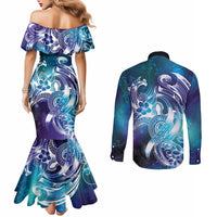 Aloha Hawaii Turtle Couples Matching Mermaid Dress and Long Sleeve Button Shirt Teal Purple Ribbon LT7 - Polynesian Pride
