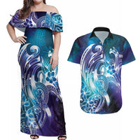 Aloha Hawaii Turtle Couples Matching Off Shoulder Maxi Dress and Hawaiian Shirt Teal Purple Ribbon LT7 Purple Teal - Polynesian Pride